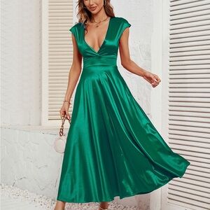 Emerald Green V-Neck Satin Maxi Dress
